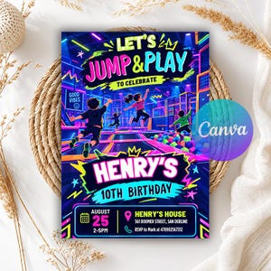 Może przedstawiać: Zaproszenie urodzinowe w stylu neonowym z tekstem LET'S JUMP & PLAY TO CELEBRATE, HENRY'S 10TH BIRTHDAY, AUGUST 25, 2-5PM, HENRY'S HOUSE 561 BOOMER STREET, SAN DERLINE oraz RSVP to Mark at 478902567312 z ilustracją skaczących dzieci.