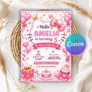 May include: A pink birthday invitation card featuring a cat-shaped outline, a large bow, balloons, a gift box, and a cupcake. The text reads: Hello AMELIA is turning 5, Let's Celebrate, Sunday August 20th at 3:00PM, Amelia's House 456 Oak Street, Brooklyn, NY 90274.