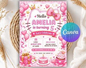 Pink Cat Birthday Invitation, Cute Kitty Birthday Party Invitation, Kitty Birthday Invite, Kittens Invite, Cute Cat Evite, Editable Canva