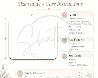 Mouse Pad Size Chart Mockup with Product Details & Care Instructions