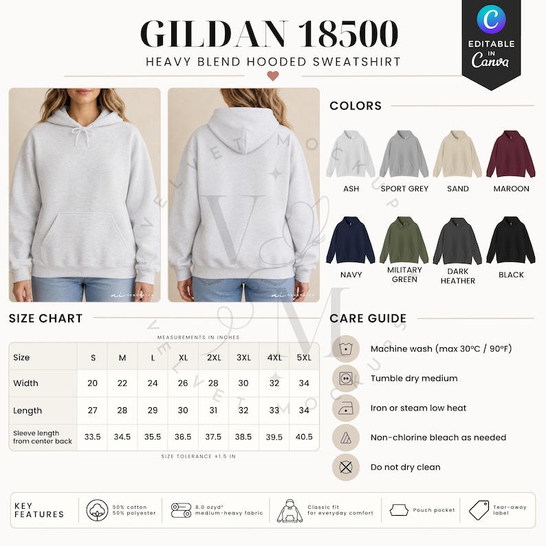 Gildan 18500 Size & Color Chart Mockup - Canva Template - Etsy UK