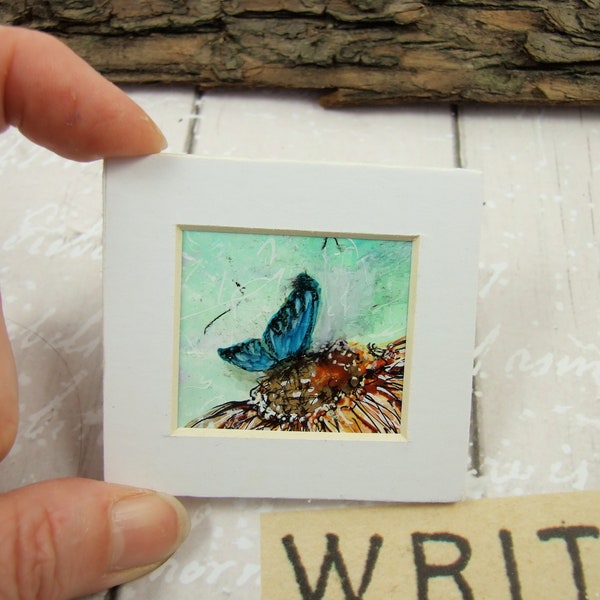 Miniature Painting, Blue Butterfly, Original Ink Artwork, Ink Painting Mounted, Dollhouse Painting, Collectors Artwork, Butterfly Painting