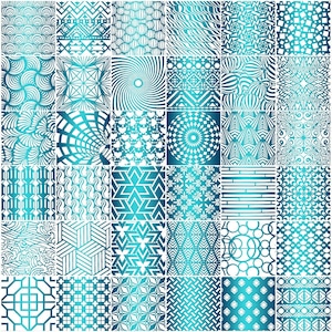 May include: A grid of thirty square tiles featuring various geometric, floral, and abstract patterns in shades of teal, cyan, and white. Each tile displays a distinct repeating design, including waves, hearts, stripes, circles, and complex lines.