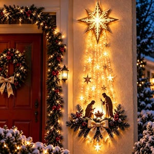 May include: A wall-mounted Christmas nativity scene decoration featuring a large illuminated star at the top with cascading light strands. The display includes a silhouette of the holy family, pine branches, red berries, and a gold ribbon bow.