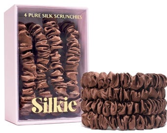 100% Mulberry Silk Scrunchies Set of 4, Brown Skinny Silk Hair Ties, No Damage Ponytail Holders, Praline Hair Accessories with Travel Pouch