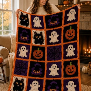 Halloween haakpatroon voor een deken (PDF), Spookachtige pompoen-katten deken, Griezelige oma-deken, Digitaal patroon voor herfstdecoratie voor thuis