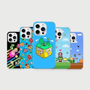 May include: Five smartphone cases featuring various pixelated video game character designs. The cases display colorful scenes with characters like Mario, Luigi, Peach, and Yoshi, along with iconic elements such as question blocks, pipes, and mushrooms.