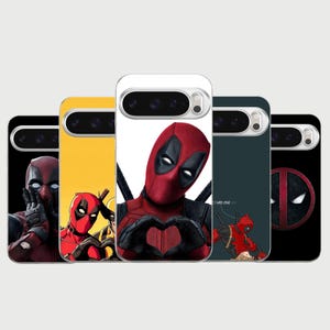 May include: Five smartphone cases featuring Deadpool character graphics. Designs include Deadpool making a heart gesture, Deadpool with Wolverine, and the Deadpool logo. The cases are black, yellow, and white with cutouts for camera lenses.