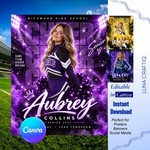 May include: A digital graphic template for a high school senior cheerleading poster featuring a person in a purple and white uniform with the text Richmond High School, Spartans, Aubrey Collins, Senior 2026, Same Team Bigger Dreams, and Lead Tomorrow.