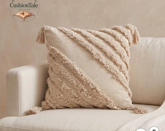 Neutral Tufted Striped Cushion Cover, 18x18 Boho Tassel Throw Pillow, Cottage Core Bedroom Housewarming Gift Decor