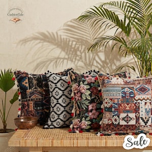 Embroidered Boho Pillow Cover, Bohemian Home Decor, Jacquard Cotton Linen Tassels Decor, (45x45cm)