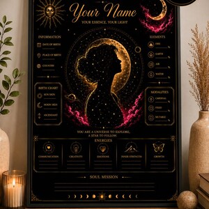 Personalized Astral Portrait, Custom Birth Chart Poster, Sun Moon Rising Astrology Print, Celestial Wall Art, Digital Download