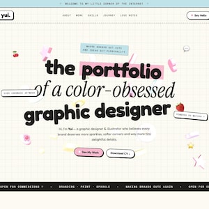 May include: A website landing page for a graphic designer named Yui, featuring a grid background, the text 'the portfolio of a colour-obsessed graphic designer', and various small icons including cherries, a strawberry, and a star, with navigation buttons.