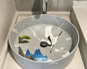 Longevity Red-crowned Crane Waterproof Gray Stone Sink Sticker, Zen-inspired Pine Mountain Scenery Self-adhesive Vinyl Sticker