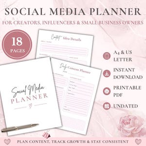 Puede incluir: Un planificador de redes sociales de 18 páginas, con una portada blanca y el texto Social Media Planner en negro y rosa. Incluye páginas internas para ideas de contenido y planificación diaria, formatos A4 y US Letter, y un bolígrafo plateado.