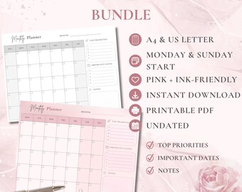 Könnte beinhalten: Ein Monatsplaner-Set mit zwei undatierten Kalendervorlagen in Weiß und zartem Rosa. Der Text umfasst Monthly Planner Bundle, A4 & US Letter, Monday & Sunday Start, Pink + Ink-Friendly, Instant Download, Printable PDF, Top Priorities, Important Dates, Notes und Plan Your Month With Ease.