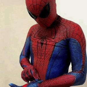 Puede incluir: Un disfraz completo de Spider-Man hecho de tela roja y azul texturizada con un patr&oacute;n de panal. El traje incluye una m&aacute;scara con lentes oculares grandes, oscuros y reflectantes, y un emblema de ara&ntilde;a negra centrado en el pecho.
