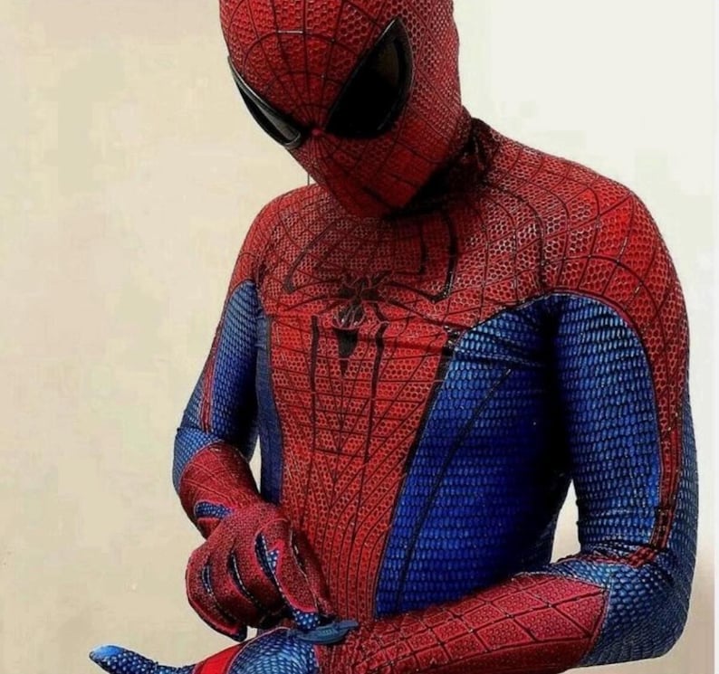 Puede incluir: Un disfraz completo de Spider-Man hecho de tela roja y azul texturizada con un patr&oacute;n de panal. El traje incluye una m&aacute;scara con lentes oculares grandes, oscuros y reflectantes, y un emblema de ara&ntilde;a negra centrado en el pecho.