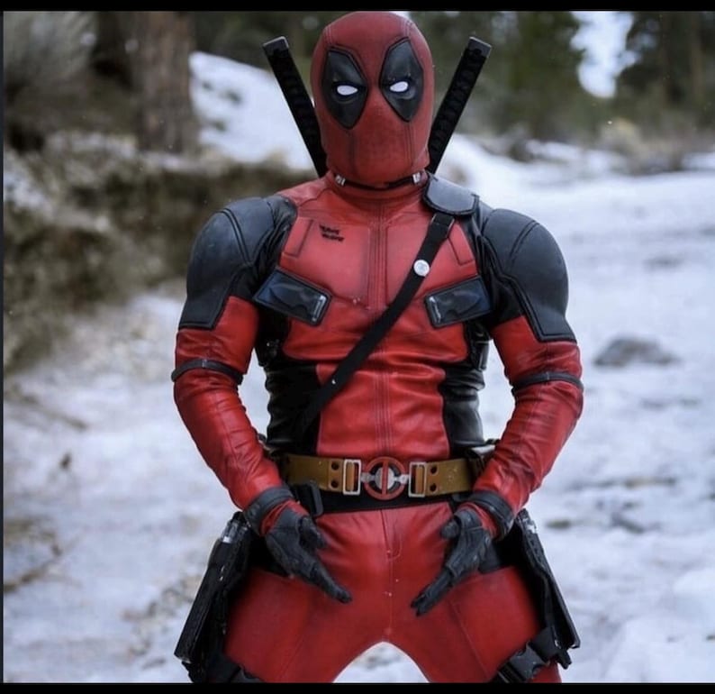 May include: A full-body Deadpool costume featuring a red and black textured suit with a matching mask, white eye lenses, black shoulder armor, a utility belt with a circular buckle, two katana hilts protruding from the back, and black gloves.