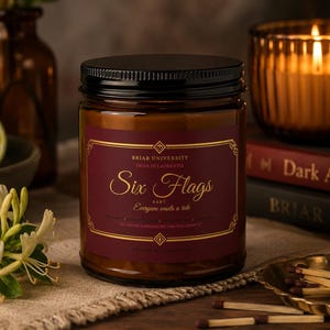 Off Campus Six Flags Vintage Label Candle jar | Soy Candle, Amber Glass, Black Lid