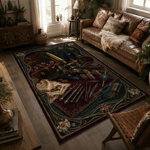 May include: A rectangular area rug featuring a dark, ornate design with a central brass microscope, scientific tools, glass vials, and metallic instruments. The border is decorated with intricate gold filigree and floral motifs on a deep green background.