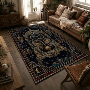 Puede incluir: Una alfombra rectangular con fondo azul oscuro y un gran diseño de reloj dorado intrincado. El patrón incluye engranajes visibles, un péndulo, fases lunares celestiales y motivos de estrellas, enmarcado por bordes geométricos en oro y rojo oscuro.
