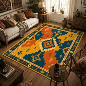 Retro Orange Turkish Rug, Digital Print Geometric Carpet for Bohemian Decor