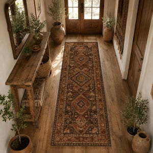 Dark Brown Turkish Runner Rug, Digital Print Geometric Carpet for Rustic Entryway