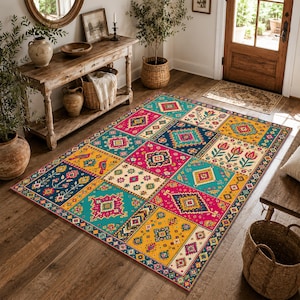 Colorful Turkish Rug, Digital Print Folk Patchwork Carpet for Eclectic Decor