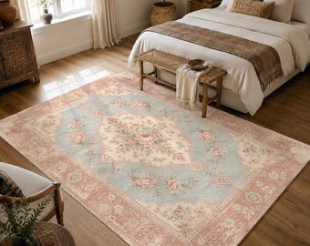 Pink Blue Turkish Rug, Digital Print Floral Carpet for Cottagecore Nursery Decor
