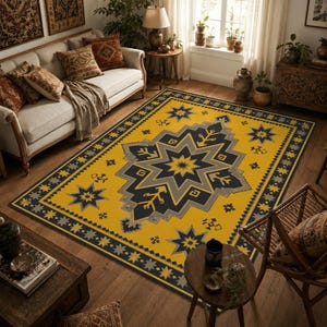 Mustard Yellow Geometric Rug, Black Mid Century Area Carpet for Retro Decor