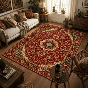 Puede incluir: Una alfombra rectangular con un fondo rojo intenso y un gran medallón floral central en tonos crema, verde y dorado. La alfombra presenta un borde intrincado con patrones florales repetitivos y enredaderas en colores a juego.