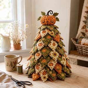 Puede incluir: Un árbol decorativo de tela construido con piezas de tela acolchadas en forma de hoja superpuestas en tonos naranja, verde y crema. El árbol presenta patrones de calabazas, girasoles y hojas de otoño, rematado con una pequeña calabaza naranja tallada.