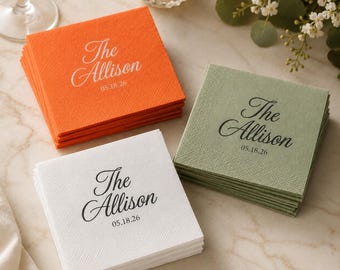 Servilletas de cóctel personalizadas para bodas, servilletas para bebidas con nombre y fecha personalizados, decoración de bar para bodas de 12,7 cm, recuerdo para despedida de soltera.