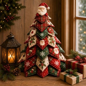 May include: A decorative fabric Christmas tree ornament featuring layered, diamond-shaped quilted patches in red, green, and cream. The patterns include Santa Claus faces, holly leaves, snowflakes, and plaid. A plush Santa figure sits at the very top.