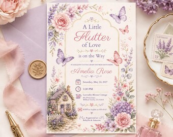 Floral Butterfly Baby Shower Invitation, Little Girl Invite, Canva Template (Digital Download)