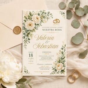 Op de afbeelding: Een trouwuitnodigingskaart van crèmekleurig papier met bloemillustraties van witte pioenrozen en groene eucalyptusbladeren. De tekst bevat Valeria & Sebastián, Nuestra Boda, en evenementdetails. Twee gouden ringen zijn bovenaan afgebeeld.