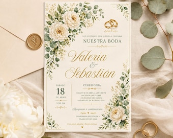 Floral Eucalyptus Wedding Invitation, Spanish Nuestra Boda Template (Canva Download)