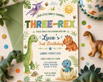 Three Rex Dinosaur Birthday Invitation, Roaring 3rd Birthday Party (Editable Canva Template)