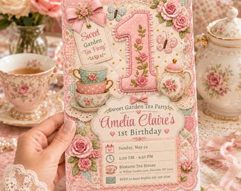Sweet Garden Tea Party Invitation, Pink Floral 1st Birthday (Canva Template)