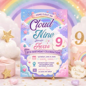 Cloud Nine 9th Birthday Invitation, Pastel Rainbow Party, Canva Template (Digital Download)