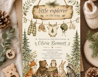 Faire-part de baby shower des bois, petits animaux de la forêt explorateur, aventure vous attend (modèle de toile modifiable)