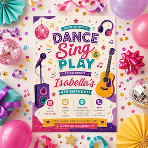 May include: A rectangular birthday party invitation card featuring the text Dance Sing & Play to celebrate Isabella's 4th Birthday. The design includes a microphone, speaker, guitar, headphones, and disco ball graphics with event details for May 24, 2025.