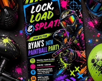 Neon Paintball Birthday Invitation, Action Splatter Party Template (Digital Download)