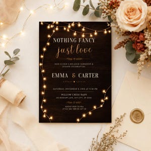 Nothing Fancy Just Love Invitation, Rustic Wedding Invite, String Lights Wedding, Casual Barn Wedding, Editable Canva Template