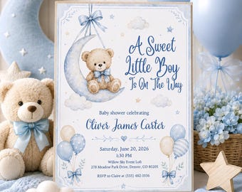 Teddy Bear Baby Shower Invitation, Little Bear Invite, Blue Moon Theme (Editable Canva Template)