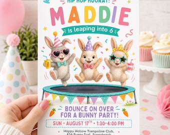 Faire-part d'anniversaire lapin, trampoline party inviter, modèle de toile modifiable (téléchargement numérique)
