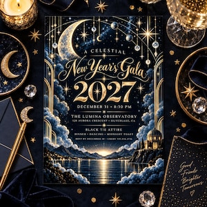 May include: A rectangular invitation for A Celestial New Year's Gala 2027 on December 31 at 8:30 PM at The Lumina Observatory, 128 Aurora Crescent, Silverlake, CA. The design features a crescent moon, stars, mountains, and a lake in gold and blue.