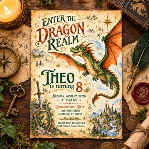 Könnte beinhalten: Eine rechteckige Geburtstagseinladungskarte mit einer Illustration eines grünen Drachen, eines Schwerts und einer Burg. Der Text lautet: Enter the Dragon Realm, Theo is turning 8, Sunday, April 12, 2026 at 2:30 PM, Dragonstone Keep, 188 Ember Trail, Oakridge, CO 80439.
