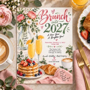 May include: A brunch invitation card featuring watercolour illustrations of a flower vase, orange juice flutes, pancakes with berries, and a croissant. Text reads: Brunch into 2027, A New Year A Brighter You, Saturday, January 2, 2027, 10:00 AM, The Sunny Café, 278 Maple Avenue, Chicago, IL 60614, Brunch Bubbles Best Company, RSVP (312) 555-0187.